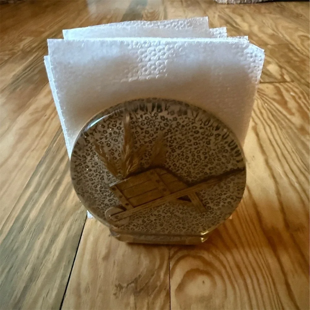 Vintage Blue Floral Farmhouse Napkin‎ Holder Round 6 in Wheelbarrow & Wheat